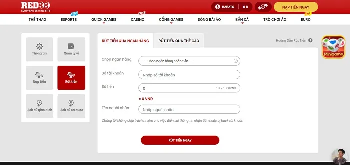 Rút tiền qua ngân hàng tại Five88