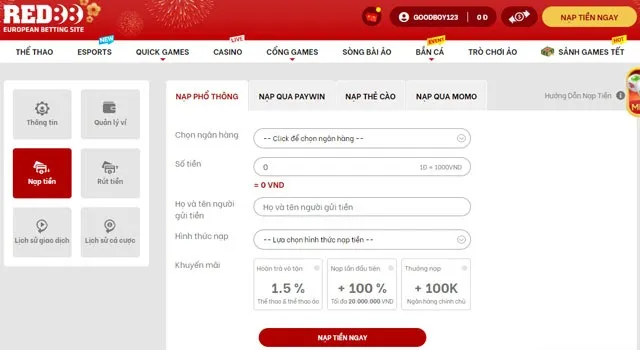 Giao diện rút nạp tiền tại Red88